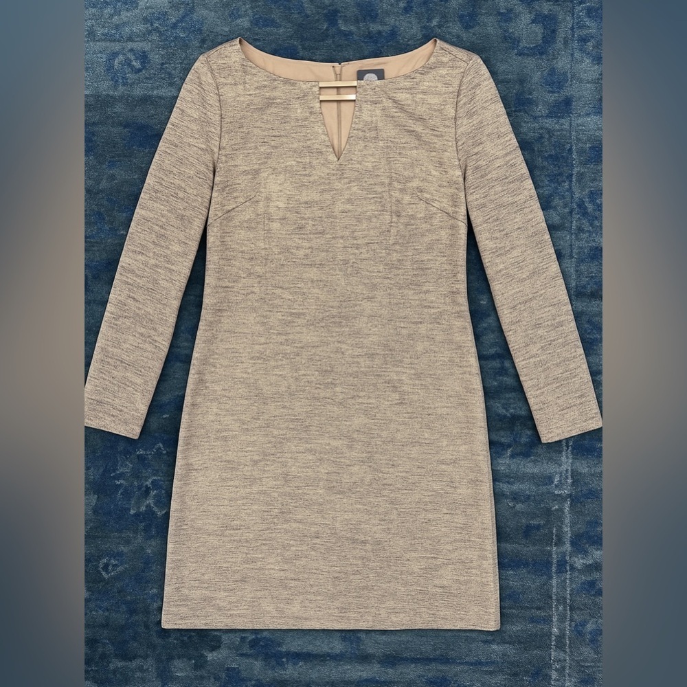 Vince Camuto Metallic Gold Sheath Dress 6 Holiday Cocktail Party Long Sleeve